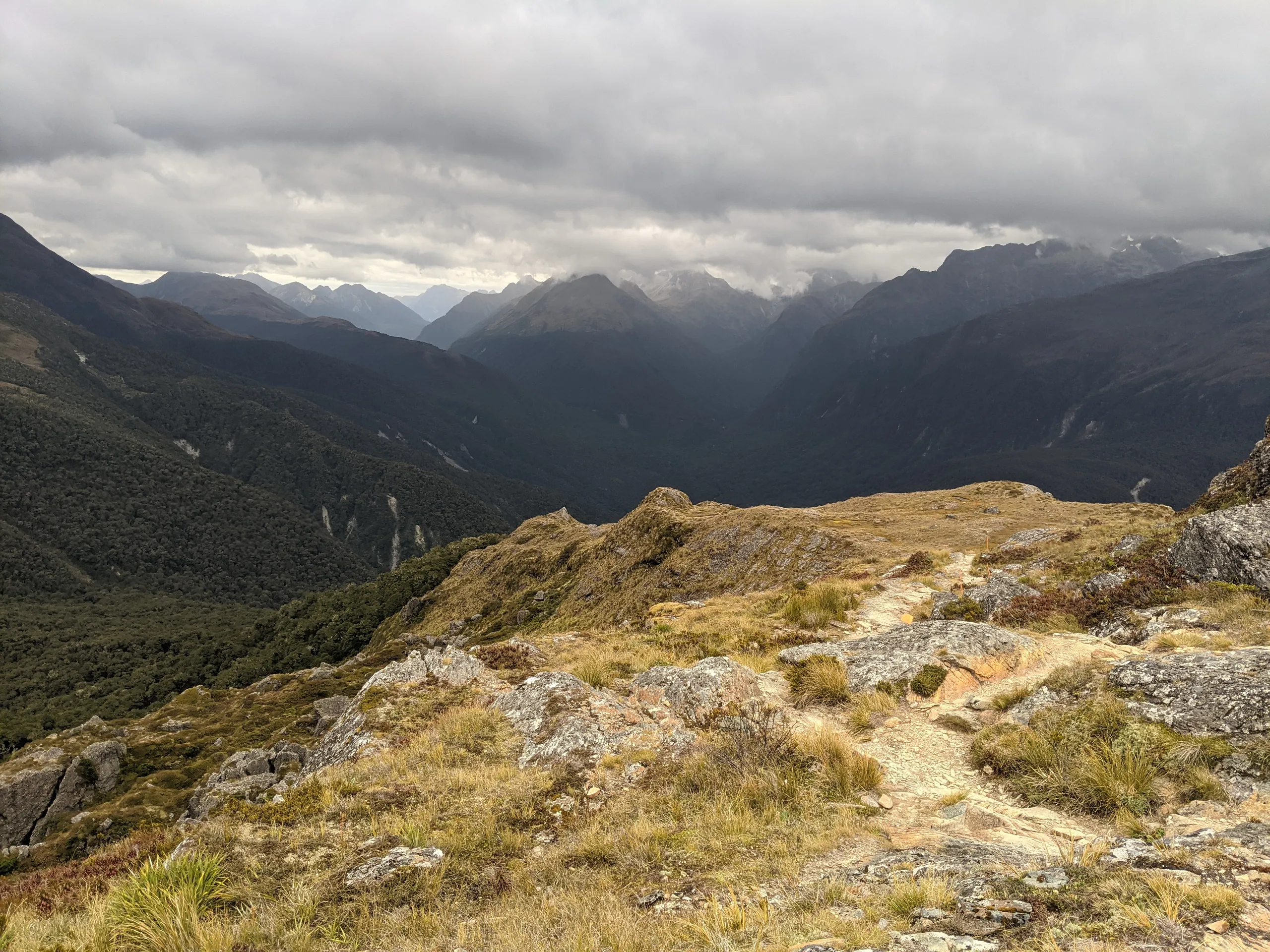 Livingstone and Earl Mountain Ranges viewed from above Lake MacKenzie. The clouds added much drama to the scenery.